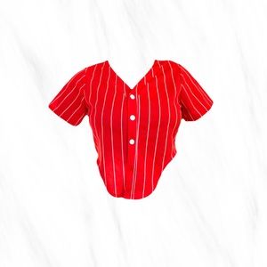 Button down, crop top, casual, red with white stripes size:M from fashion nova